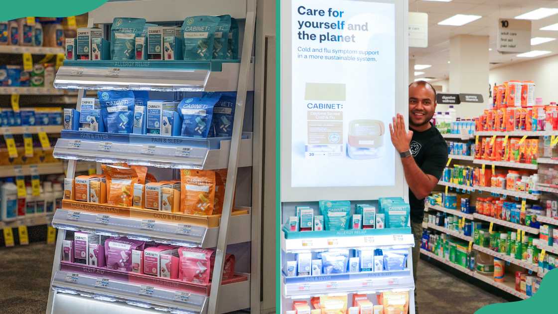 Display of Cabinet Health products at their store and Cabinet Health co-founder Achal Patel, at CVS pharmacy
