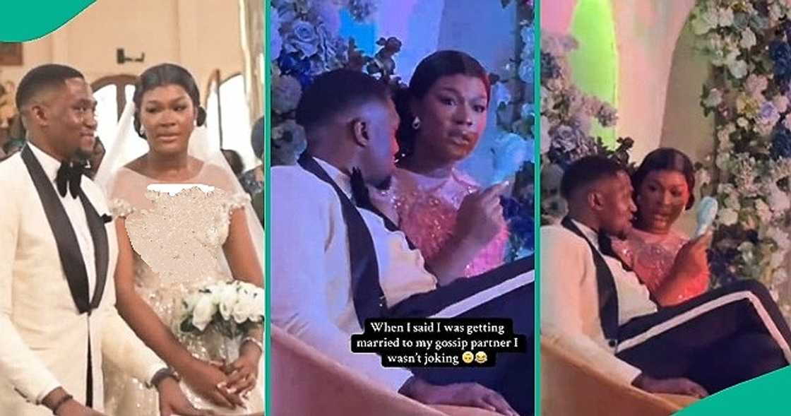 Nigerian couple gossips together on wedding day Nigerian couple gossips together on wedding day
