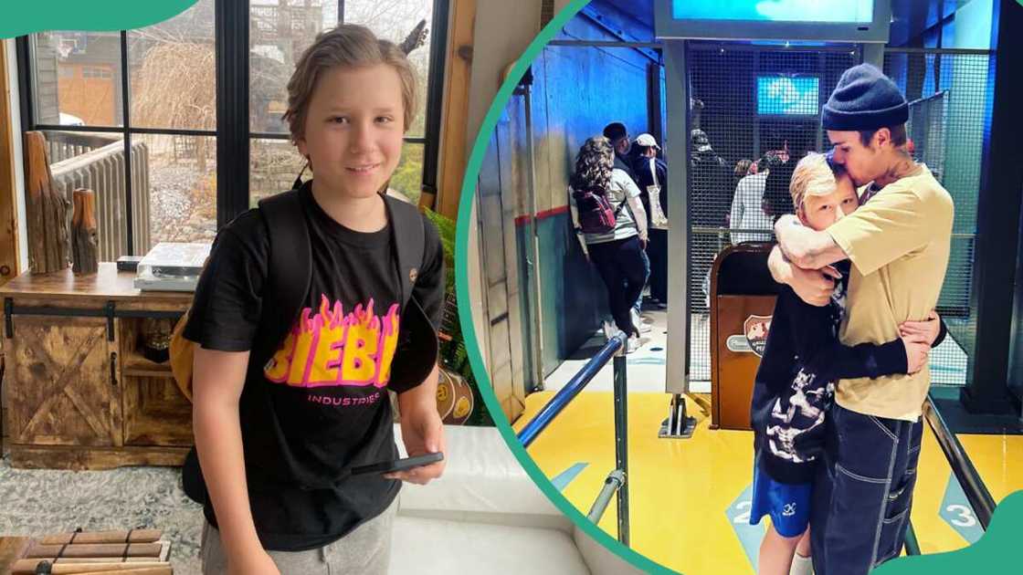 Jaxon Bieber posing with a phone in his hand (L). Justin Bieber hugging his half-brother Jaxon Bieber (R). Jaxon Bieber posing with a phone in his hand (L). Justin Bieber hugging his half-brother Jaxon Bieber (R).