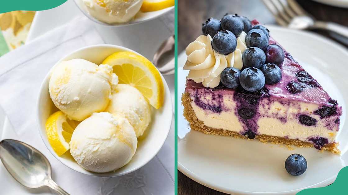 A cup of Lemon Sorbet (L) and a piece of Blueberry Cheesecake (R) A cup of Lemon Sorbet (L) and a piece of Blueberry Cheesecake (R)