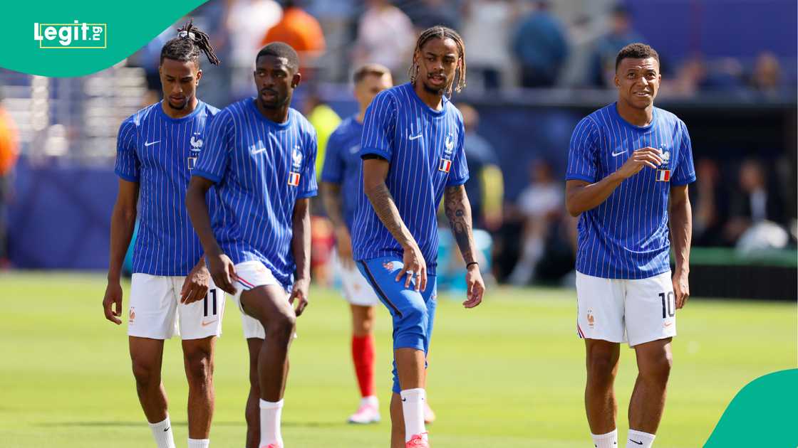 Michael Olise, Ousmane Dembele, Bradley Barcola and Kylian Mbappe of France warm up at the FIFA World Cup 2026. Photo by Richard Sellers