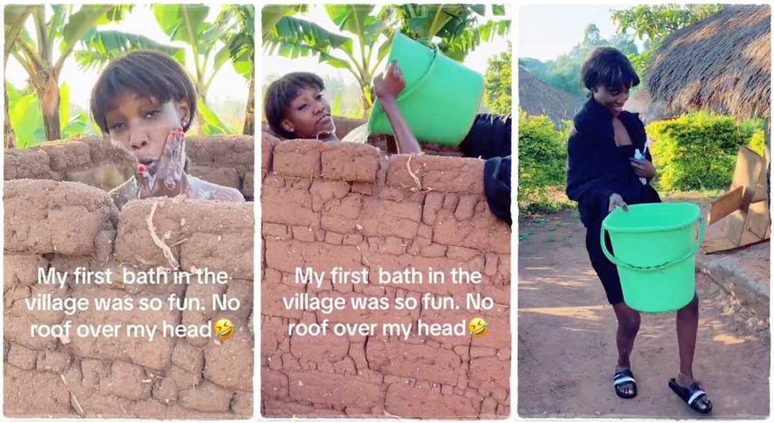 Photos of a lady taking her bath in a roofless bathroom. Photos of a lady taking her bath in a roofless bathroom.