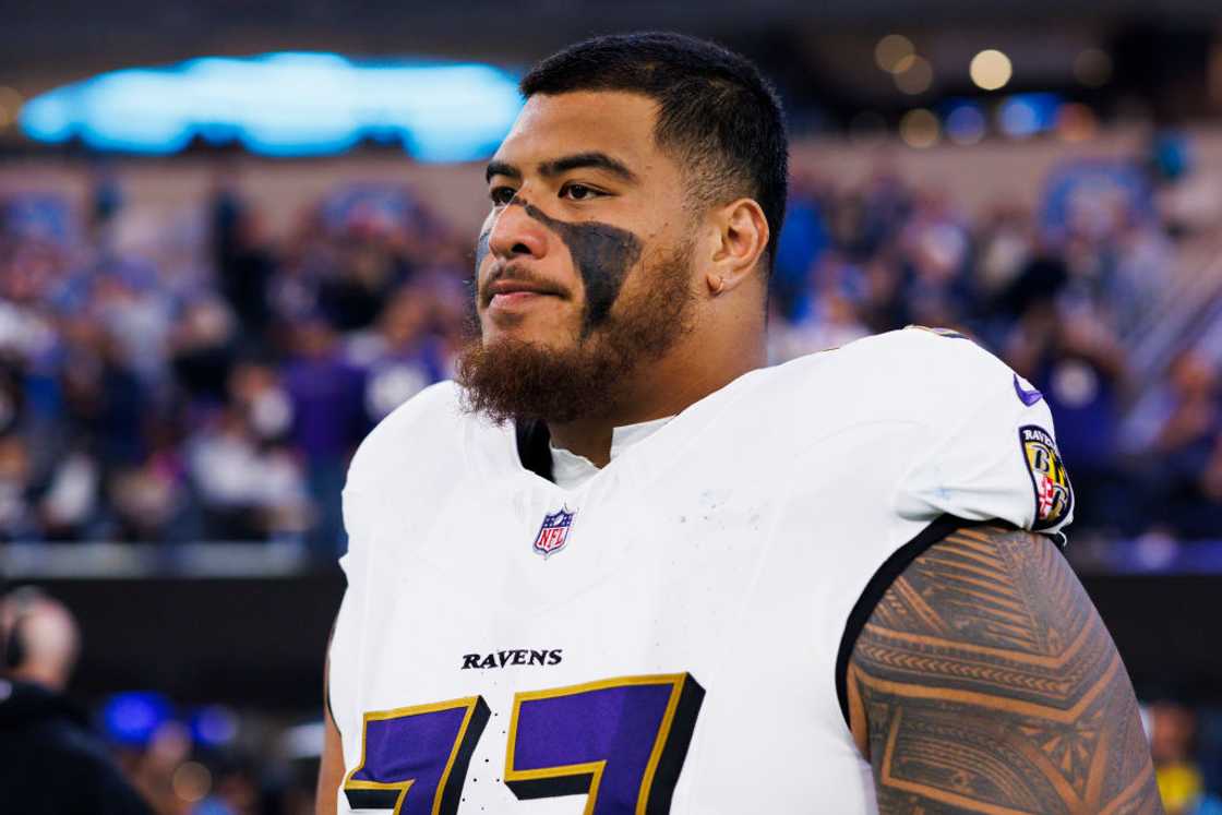 Daniel Faalele #77 of the Baltimore Ravens at SoFi Stadium in Inglewood, California