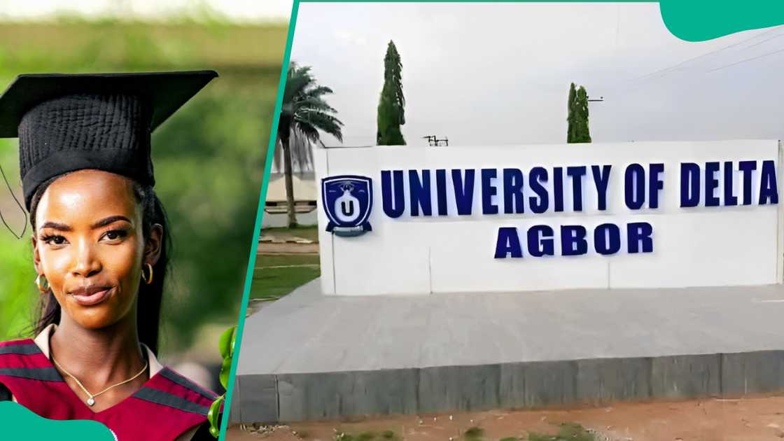 A female student wearing a graduation attire (L), and University of Delta Agbor sign (R)