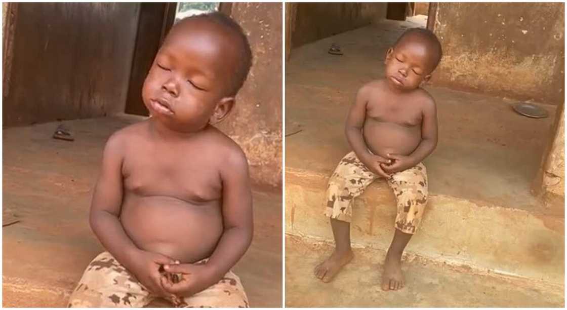 Photos of a handsome black boy sleeping while sitting down.