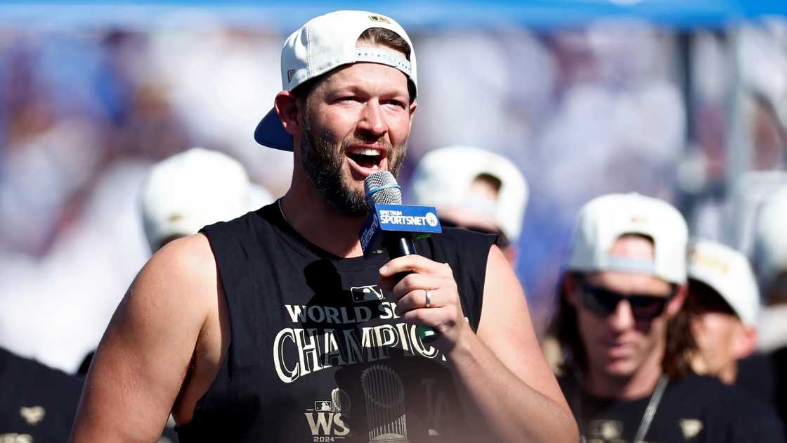 Clayton Kershaw of the Los Angeles Dodgers speaks during the 2024 World Series Celebration Show.