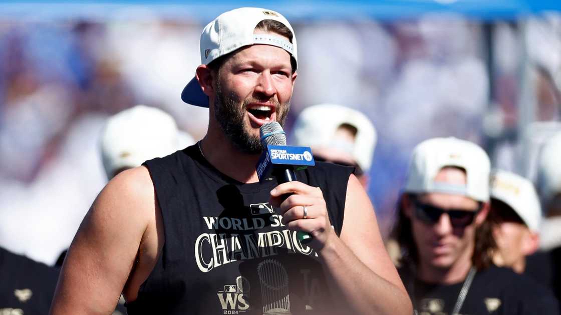 Clayton Kershaw of the Los Angeles Dodgers speaks during the 2024 World Series Celebration Show. Clayton Kershaw of the Los Angeles Dodgers speaks during the 2024 World Series Celebration Show.