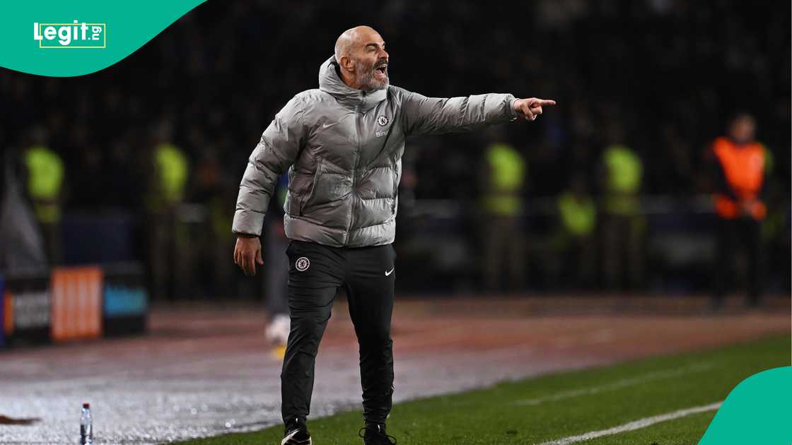 Enzo Maresca, Chelsea, Qarabag, Tofiq Bahramov Stadium, Baku, Azerbaijan, UEFA Champions League. Enzo Maresca, Chelsea, Qarabag, Tofiq Bahramov Stadium, Baku, Azerbaijan, UEFA Champions League.