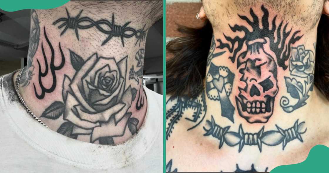 Throat tattoos with a barbed wire design Throat tattoos with a barbed wire design