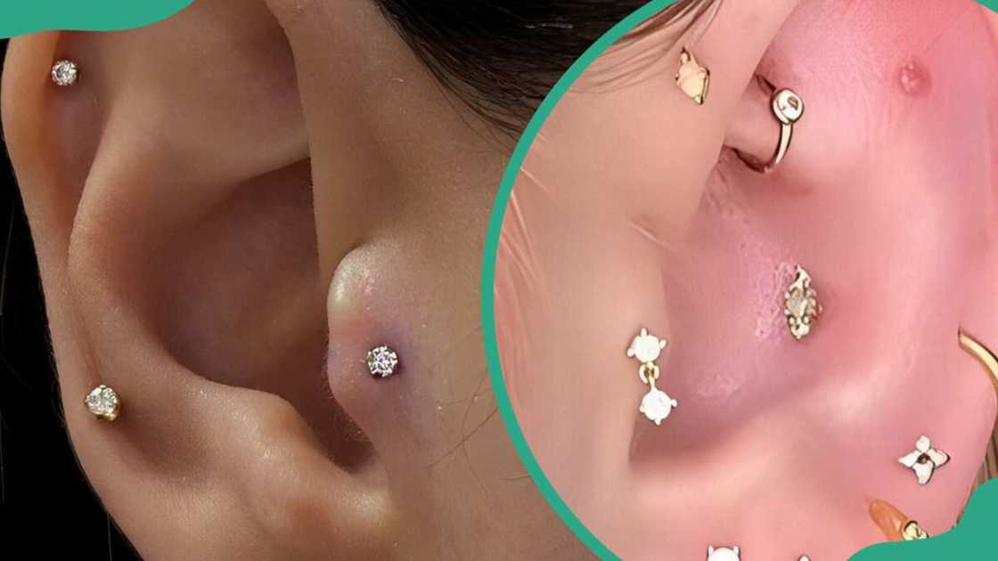 Tragus piercing with a stud earring (L) and a small loop earing (R) Tragus piercing with a stud earring (L) and a small loop earing (R)
