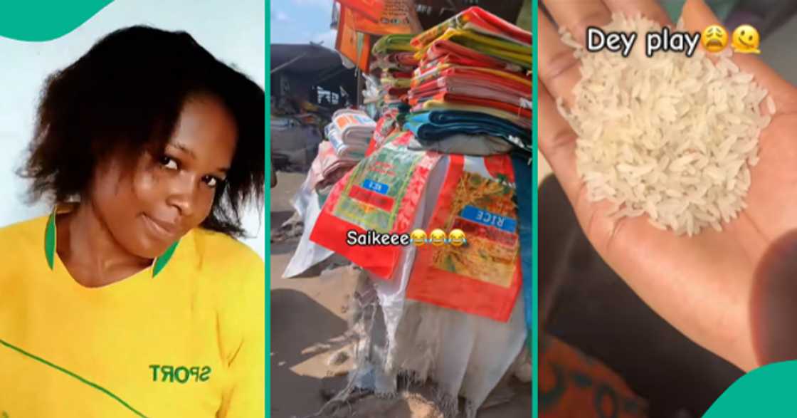 Lady sees traders at an open market repackaging local rice with foreign bags.