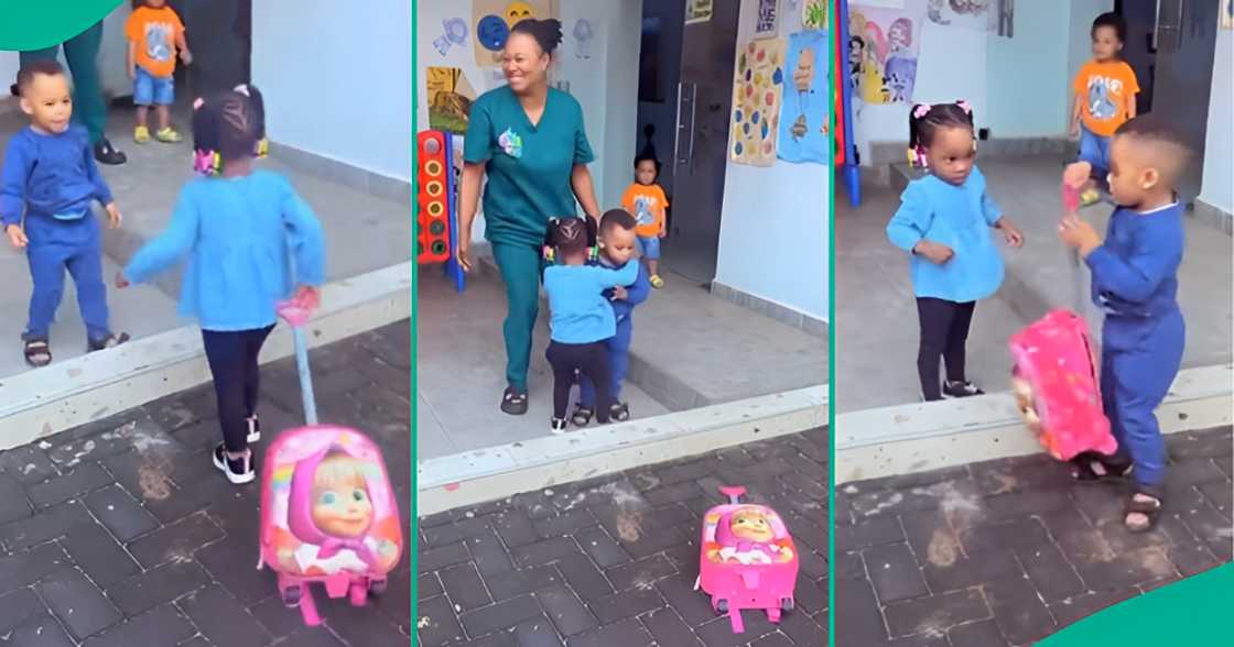 Boy welcomes classmate with a hug and carried her bag as school resumes across Nigeria. Boy welcomes classmate with a hug and carried her bag as school resumes across Nigeria.