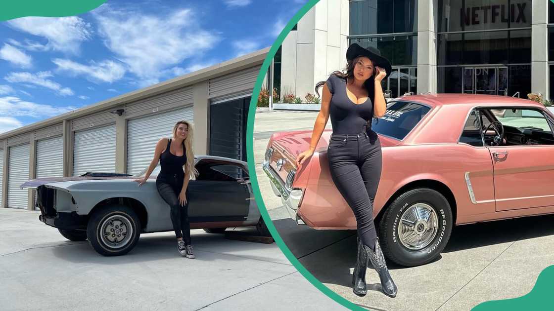 Constance Nunes with a grey 1966 convertible Mustang (L) and her maroon Babystang (R)