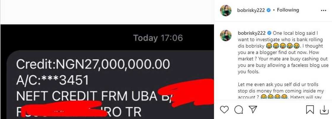 Bobrisky flaunts N27m alert. Bobrisky flaunts N27m alert.