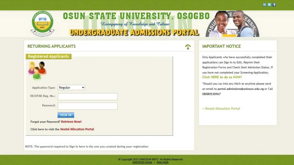 A screenshot of the returning applicant's home page on the UNIOSUN undergraduate's admission portal.