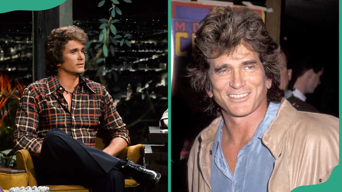 Actor Michael Landon at an interview with host Johnny Carson (L). Actor Michael at Universal Amphitheatre in Universal City, California (R) Actor Michael Landon at an interview with host Johnny Carson (L). Actor Michael at Universal Amphitheatre in Universal City, California (R)