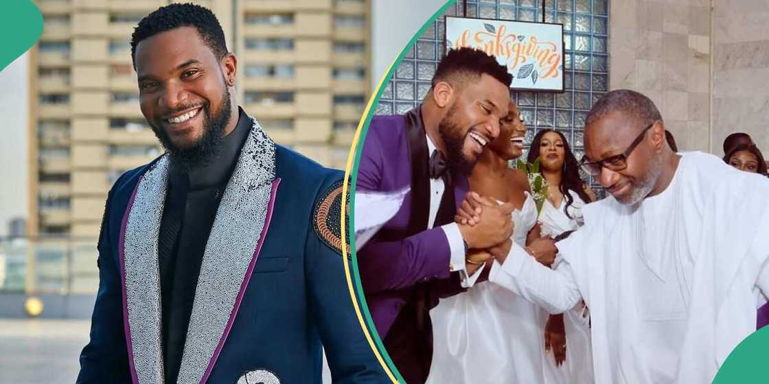 Kunle Remi reacts as Femi Otedola congratulates him and his wife. Kunle Remi reacts as Femi Otedola congratulates him and his wife.
