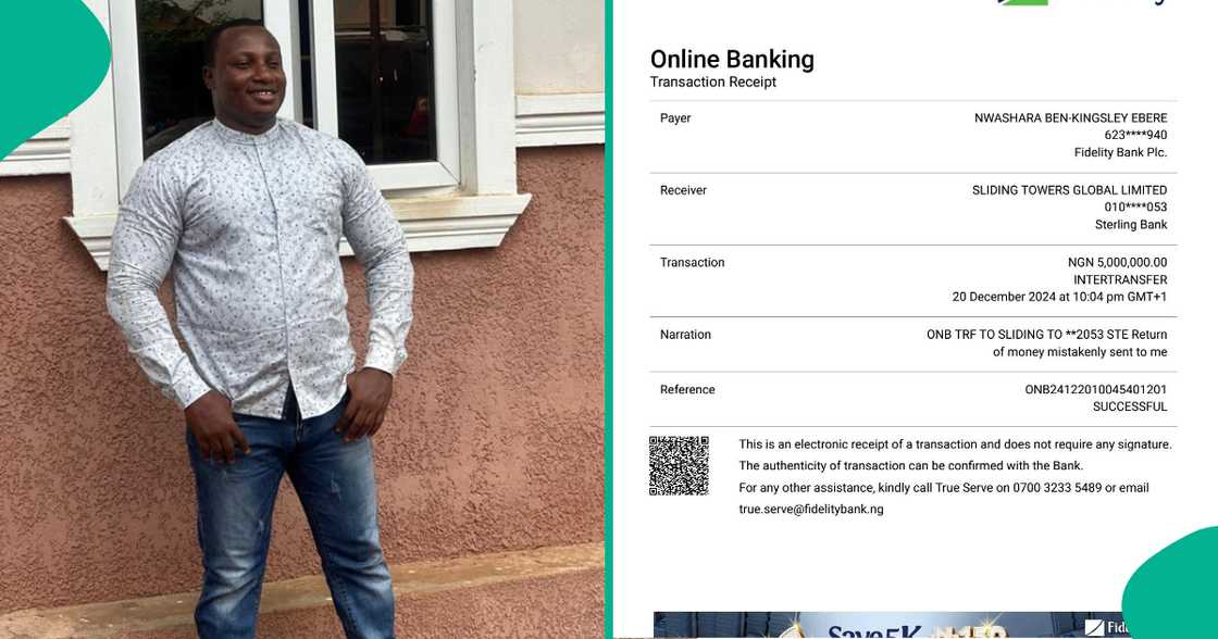 Man refunds N5 million someone sent to his Fidelity Bank account by mistake, goes viral