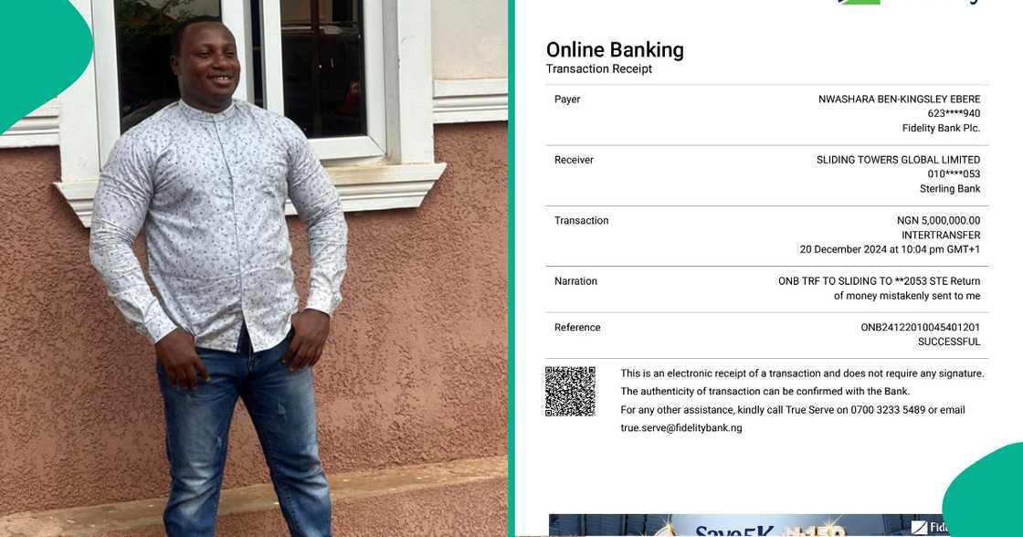 Man refunds N5 million someone sent to his Fidelity Bank account by mistake, goes viral Man refunds N5 million someone sent to his Fidelity Bank account by mistake, goes viral