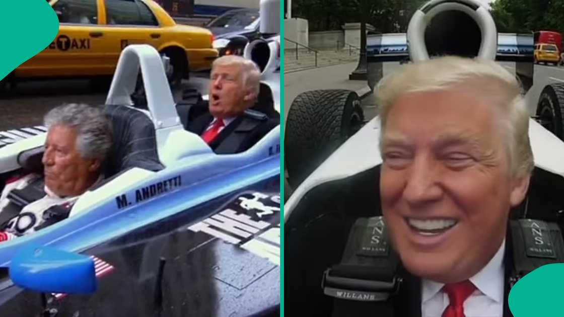 Clip features Trump sharing a lighthearted moment with former Formula One driver Mario Andretti.