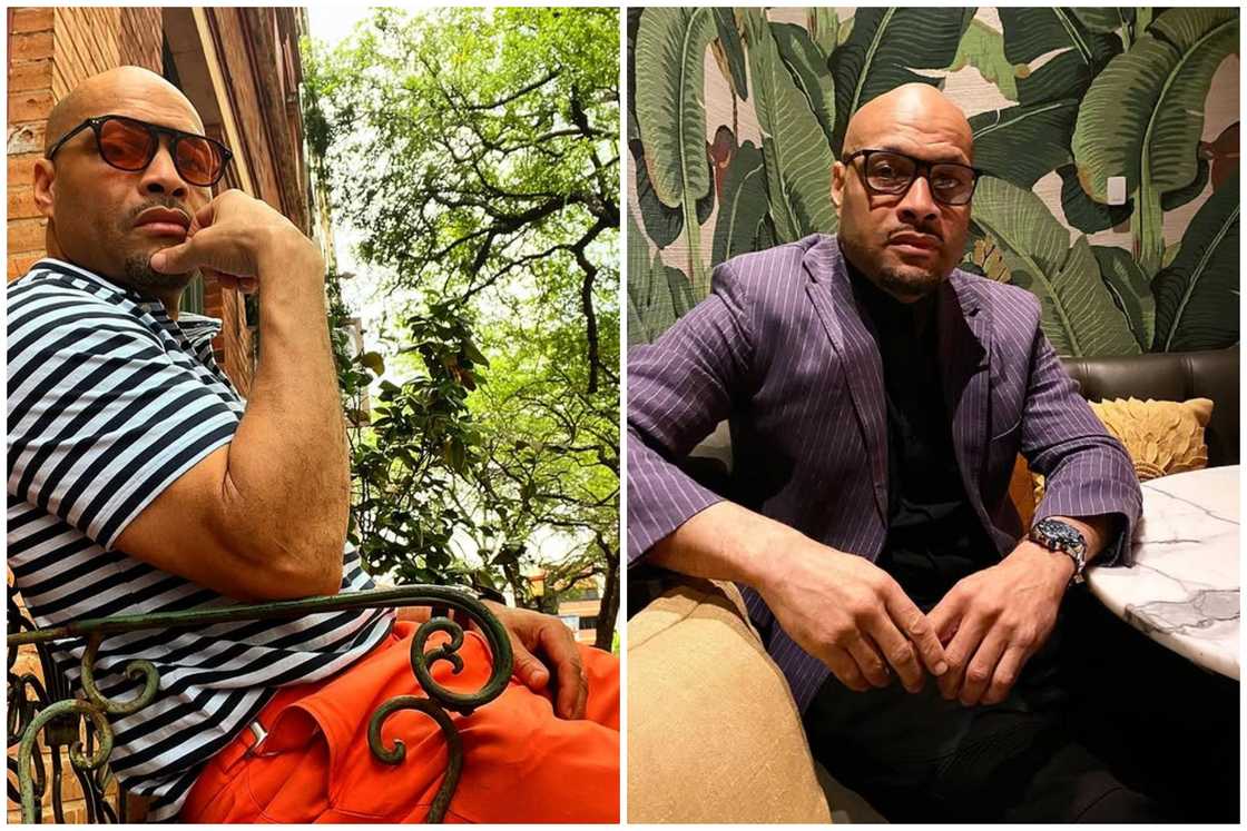 Broderick Carter sits on a chair outside a house (L). The film director at his workplace (R).