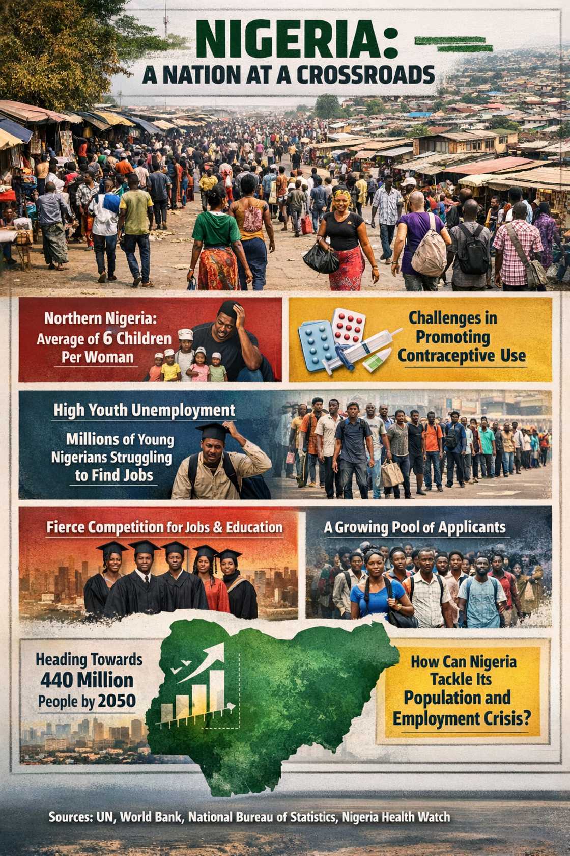 Infographic showing population challenges in Nigeria, including high youth unemployment, with statistics and highlighting regional population growth and socio-economic impacts.
