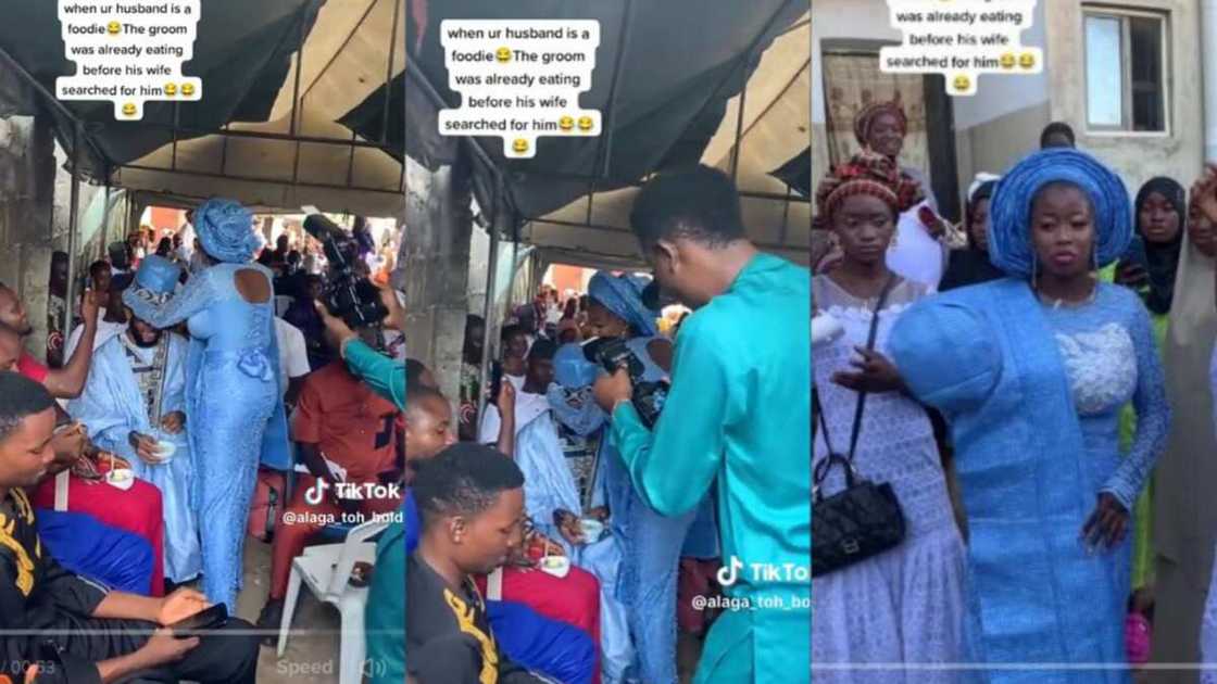 Food loving groom eats at his own wedding