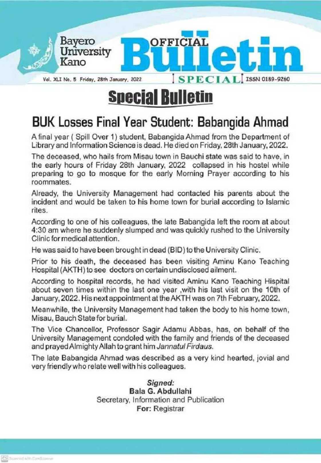 'Dalibin ajin ƙarshe a BUK ya yanke jiki ya faɗi ya mutu cikin ɗakin ɗalibai