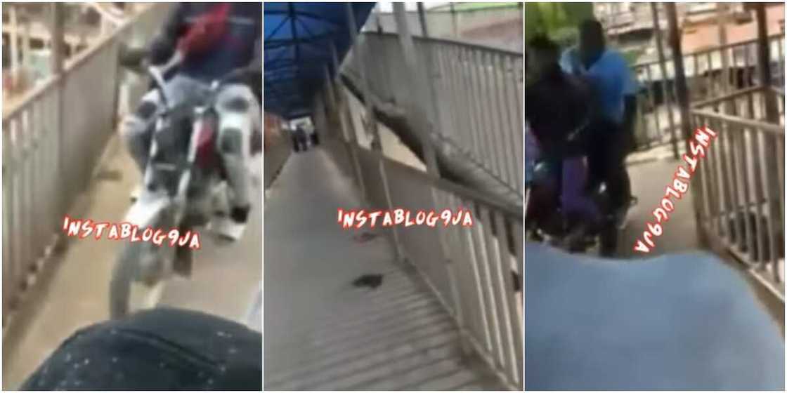 Okada riders making use of a pedestrian bridge Okada riders making use of a pedestrian bridge