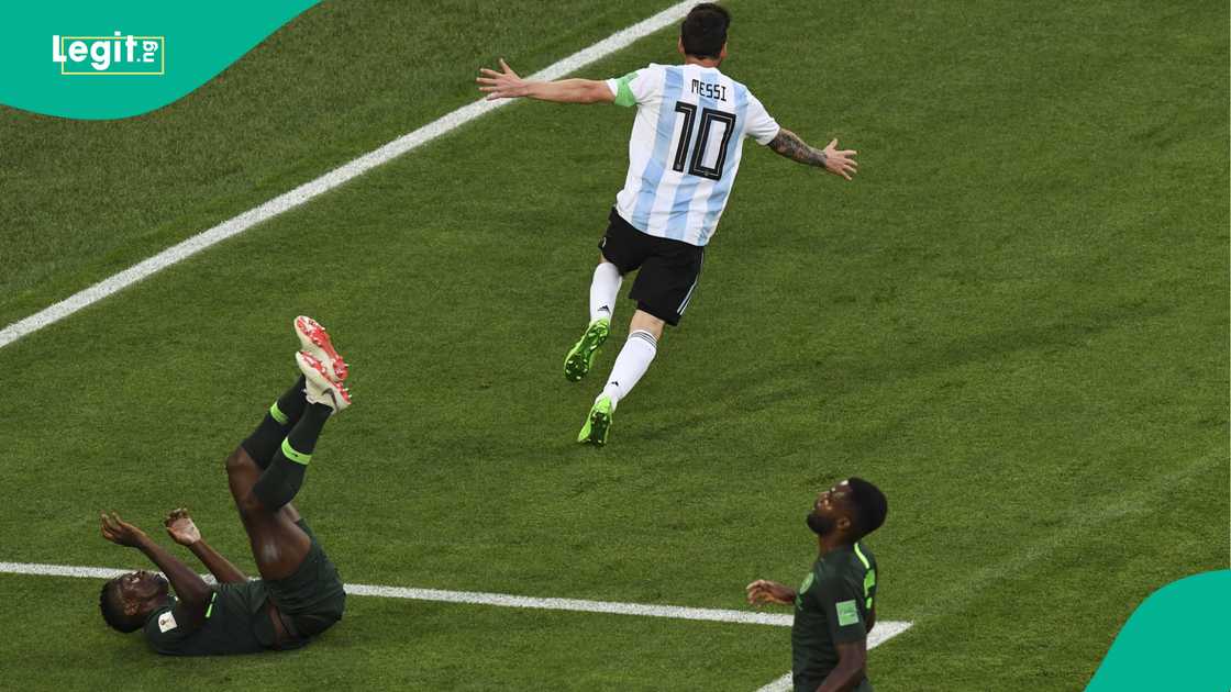 Lionel Messi runs in celebration after opening the scoring against Nigeria Russia 2018 World Cup. Photo by Paul ELLIS Lionel Messi runs in celebration after opening the scoring against Nigeria Russia 2018 World Cup. Photo by Paul ELLIS