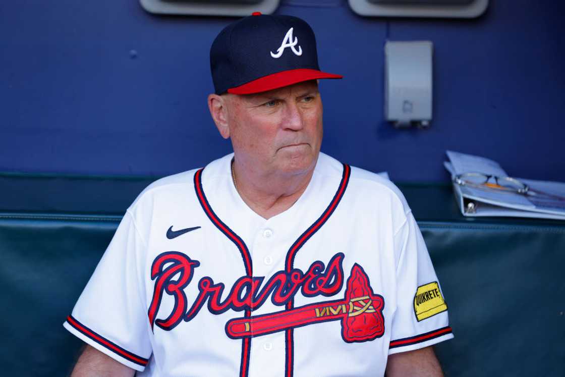 Brian Snitker looks on during the game between the St. Louis Cardinals and the Atlanta Braves Brian Snitker looks on during the game between the St. Louis Cardinals and the Atlanta Braves