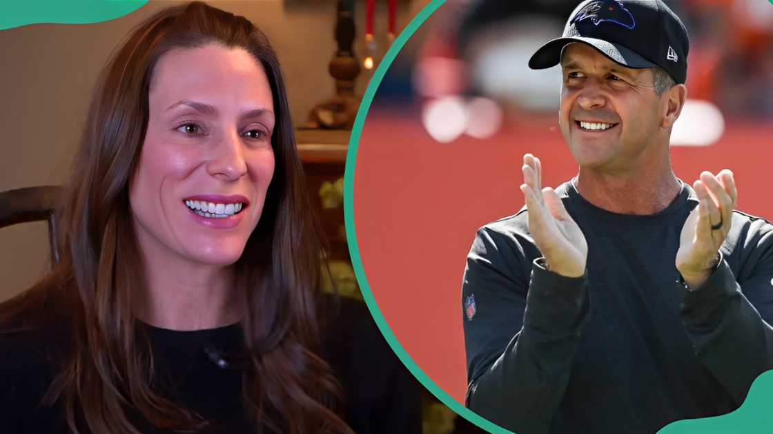 Ingrid Harbaugh wearing a black blouse (L). John Harbaugh clapping his hands (R)