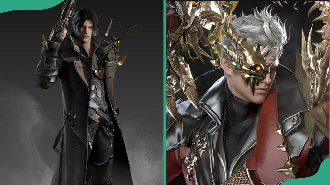 Dark-haired Deadeye in black coat holding gun (L). Silver-haired Deadeye wearing dragon mask and armour (R). Dark-haired Deadeye in black coat holding gun (L). Silver-haired Deadeye wearing dragon mask and armour (R).