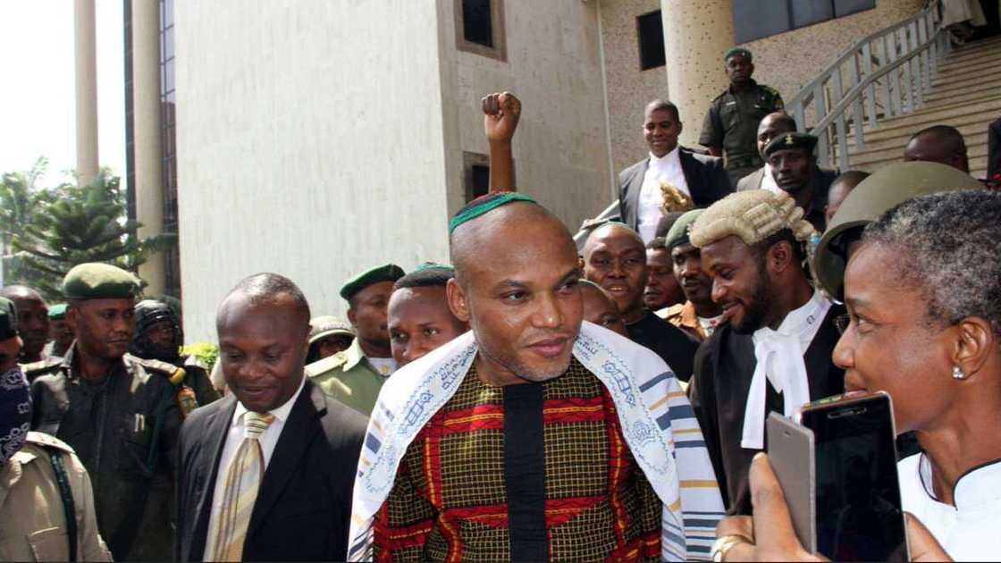 Nnamdi Kanu standing in front of a courtroom Nnamdi Kanu standing in front of a courtroom