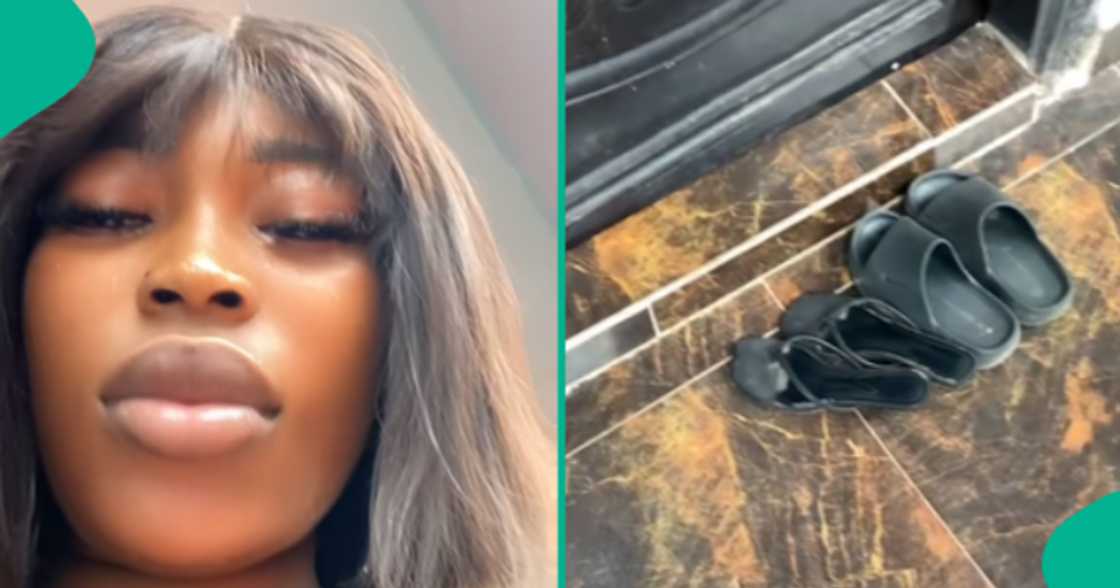 Lady cries a river after sighting female slippers at her man's doorstep. Lady cries a river after sighting female slippers at her man's doorstep.