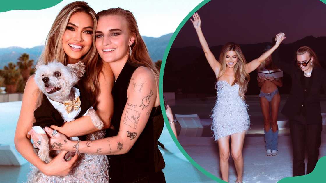 G Flip and Chrishell posing closely together while holding a small dog (L). The couple walking together in a nighttime setting (R) G Flip and Chrishell posing closely together while holding a small dog (L). The couple walking together in a nighttime setting (R)