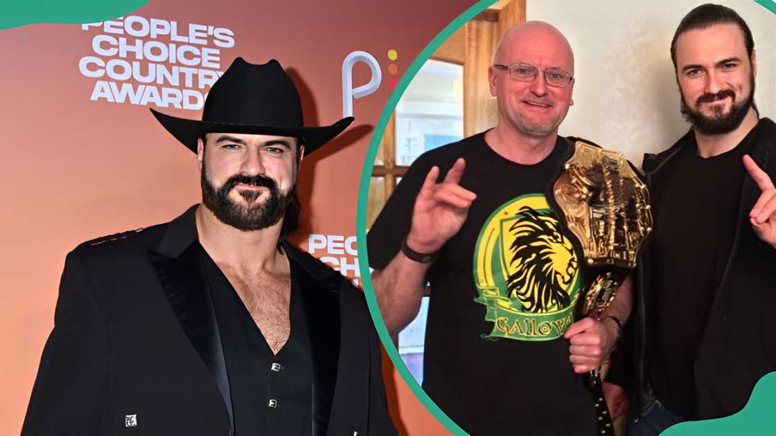 Drew McIntyre at the 2023 People's Choice Country Awards (L). Drew and his father posing with a WWE belt (R)