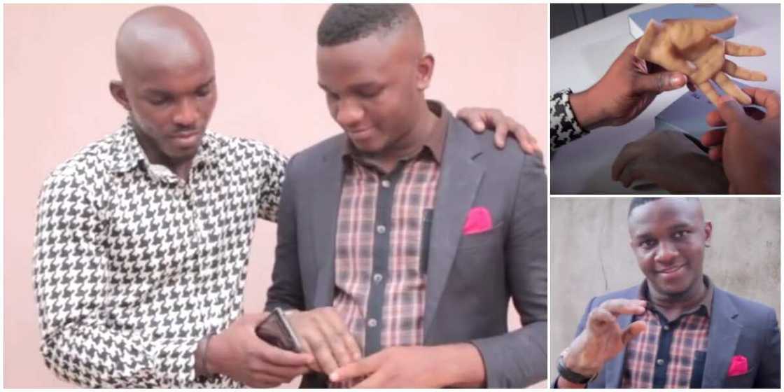 Nigerians react as man creates artificial hand for his brother who lost two fingers, speaks in new video