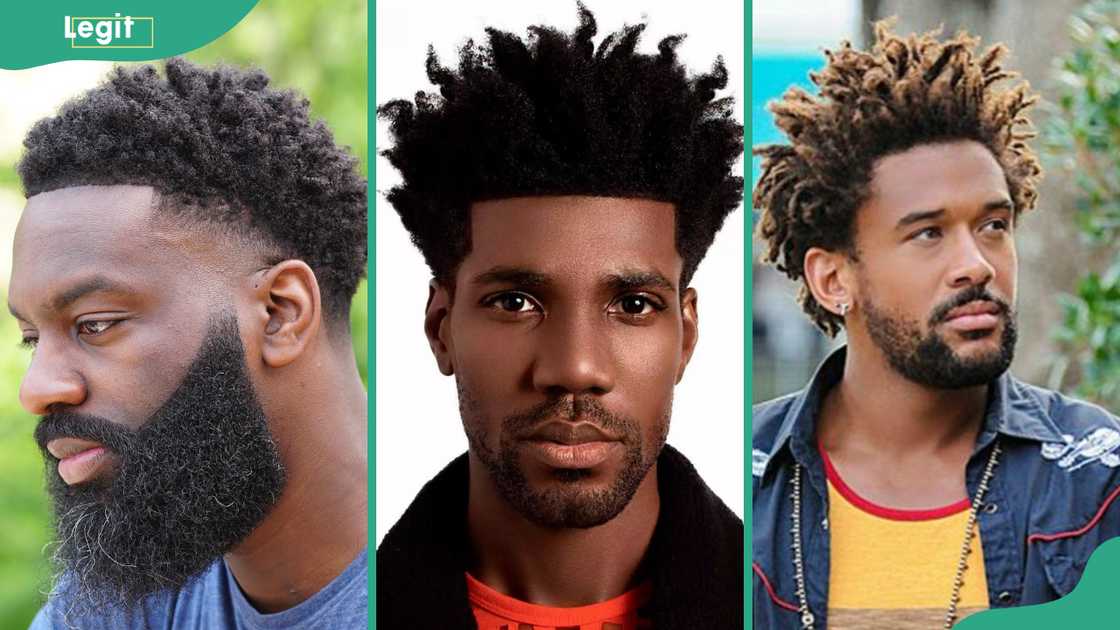 High top fade with mid taper (L), Thick voluminous shag Afro (C), Blonde-tipped freeform dreadlocks (R) High top fade with mid taper (L), Thick voluminous shag Afro (C), Blonde-tipped freeform dreadlocks (R)