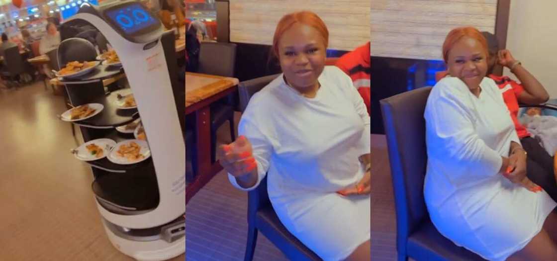A Nigerian lady reacted in a funny way when a robot served her food in a restaurant A Nigerian lady reacted in a funny way when a robot served her food in a restaurant