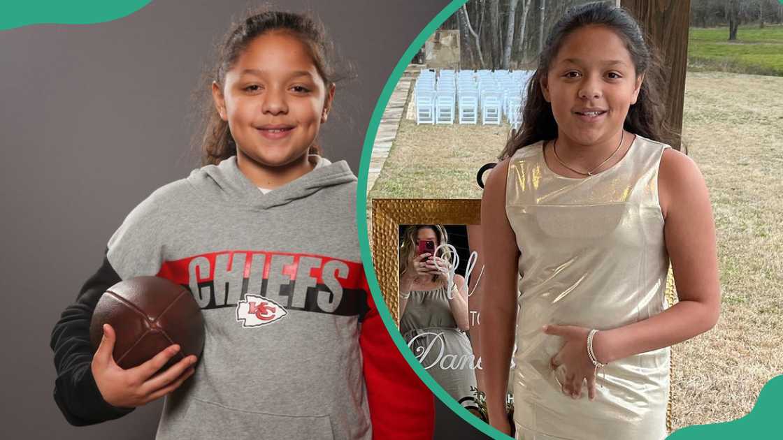 Mia Randall holding a football (L). The young athlete standing outdoors (R) Mia Randall holding a football (L). The young athlete standing outdoors (R)