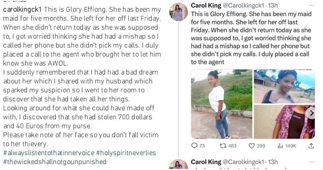 Photos of Carol King's post accusing her maid of robbing her Photos of Carol King's post accusing her maid of robbing her