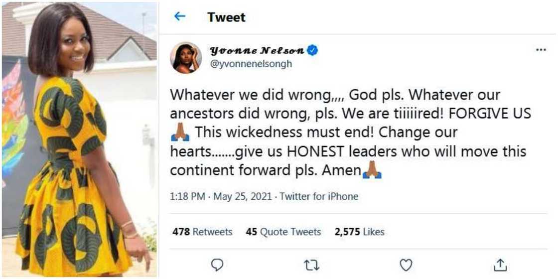 Actress Yvonne Nelson Says Heartfelt Prayer for Africa, Begs God to Overlook Sins of Its Ancestors Actress Yvonne Nelson Says Heartfelt Prayer for Africa, Begs God to Overlook Sins of Its Ancestors