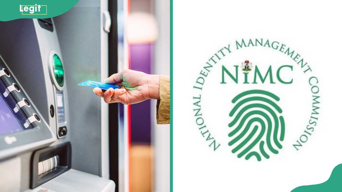 A person transacting in a bank (L). The NIMC logo (R)