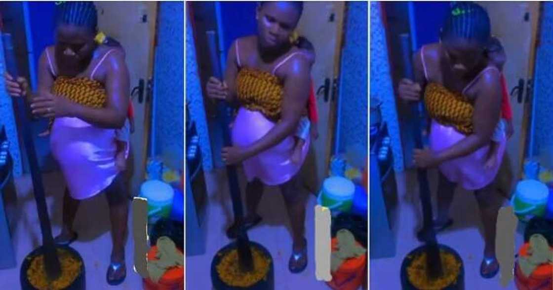Pregnant woman pounds 'banga' with baby at her back Pregnant woman pounds 'banga' with baby at her back