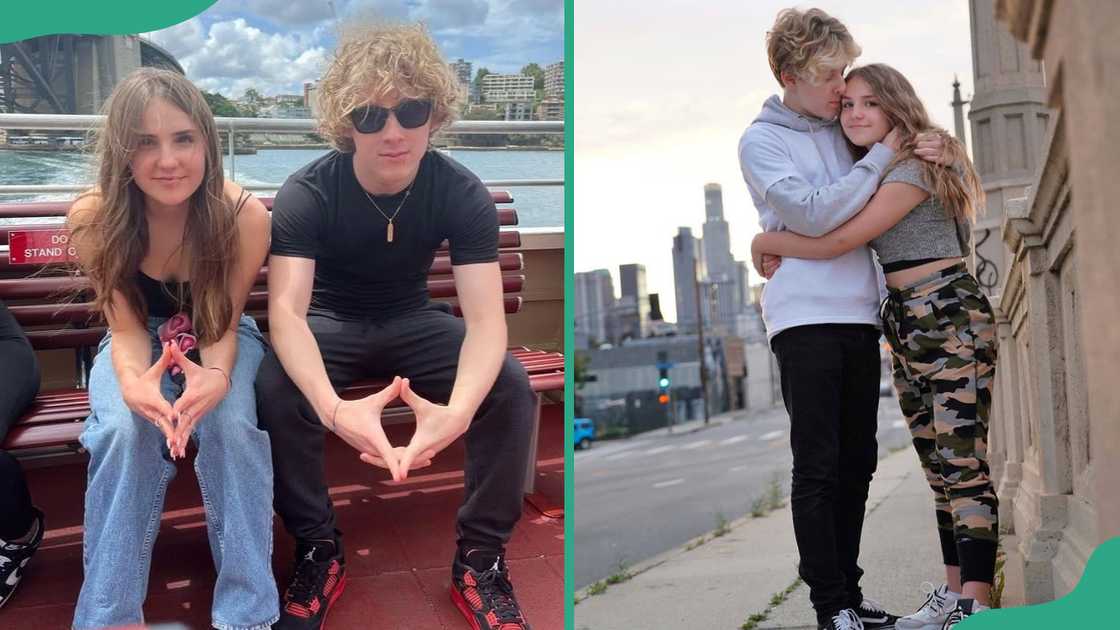 Lev Cameron Khmelev and Piper Rockelle sit on a bench (L). The two embrace each other (R) Lev Cameron Khmelev and Piper Rockelle sit on a bench (L). The two embrace each other (R)