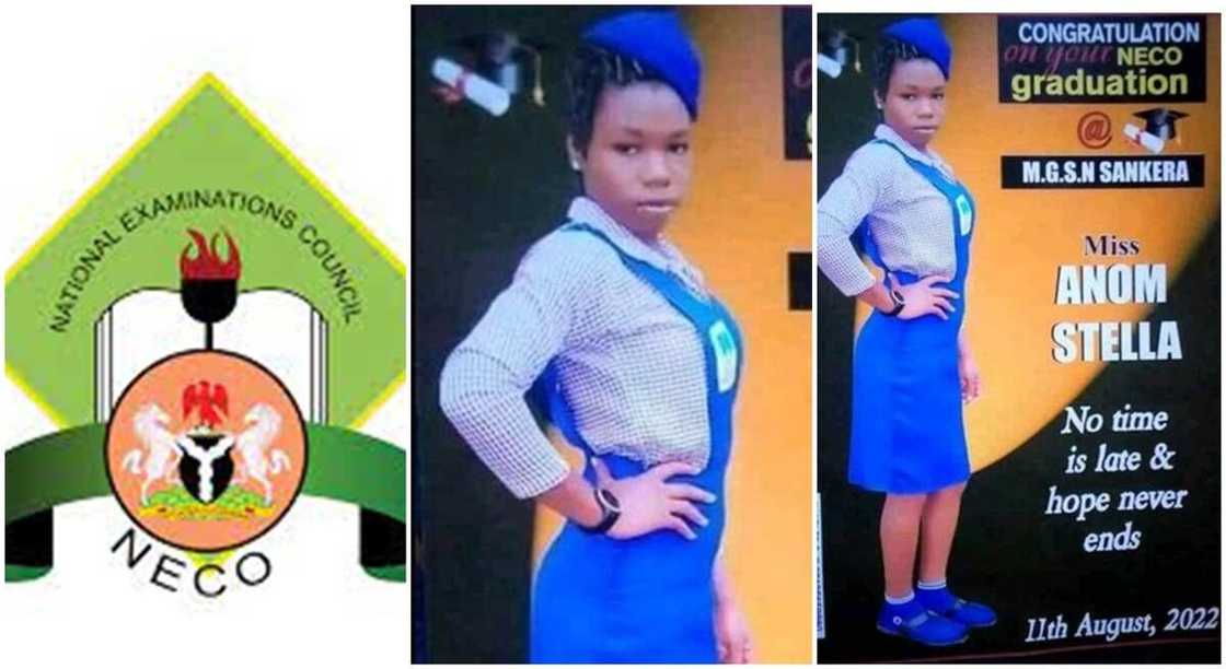 Photos of NECO logo and Stella Anom. Photos of NECO logo and Stella Anom.