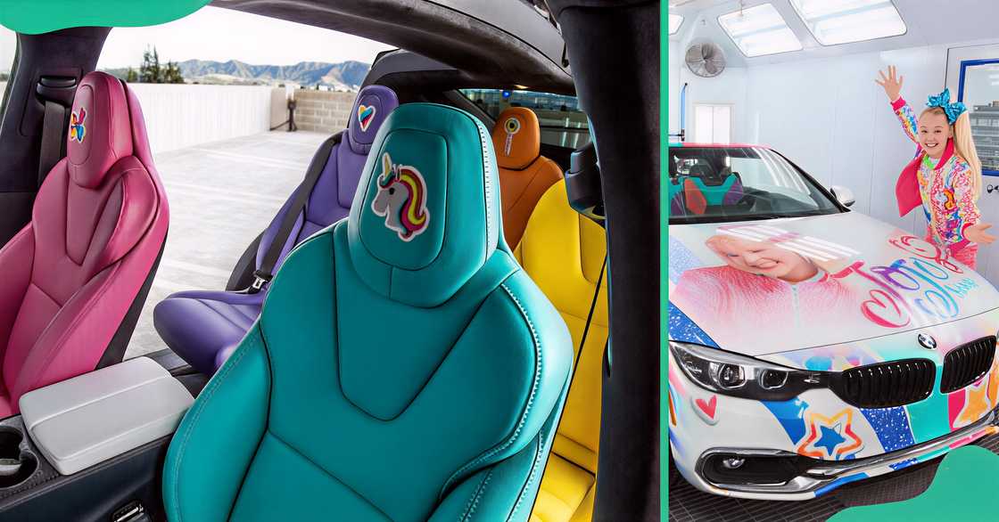Hot pink, purple, teal, and yellow car seats with unicorn and cupcake motifs in JoJo Siwa's Lamborghini. The singer and dancer poses next to her BMW M4 convertible. Hot pink, purple, teal, and yellow car seats with unicorn and cupcake motifs in JoJo Siwa's Lamborghini. The singer and dancer poses next to her BMW M4 convertible.