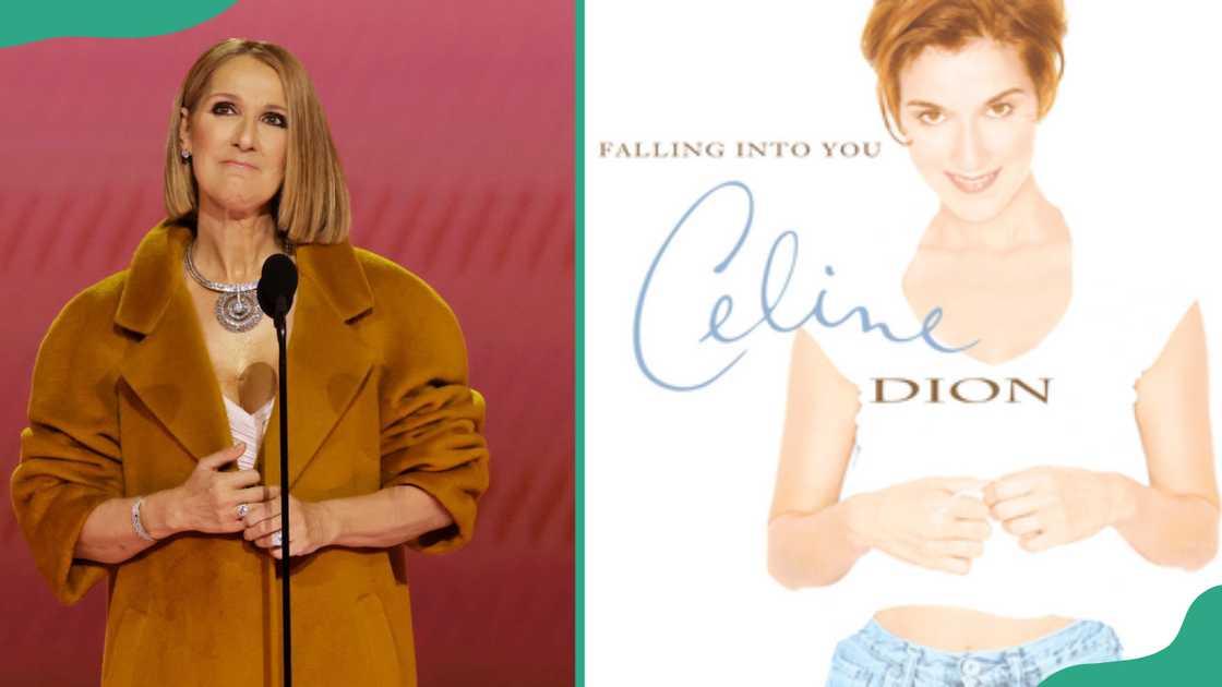 Celine Dion in an orange trench coat (L). A cover photo of Celine Dion's album Falling into You (R). Celine Dion in an orange trench coat (L). A cover photo of Celine Dion's album Falling into You (R).