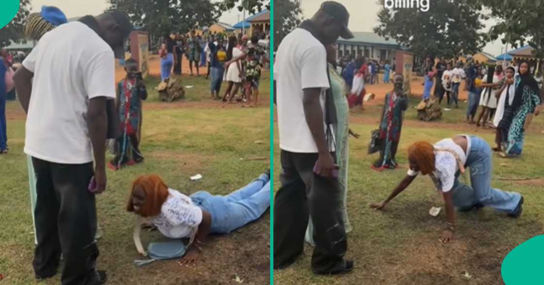A lady prostrates before her younger brother as she signed out from the university. A lady prostrates before her younger brother as she signed out from the university.
